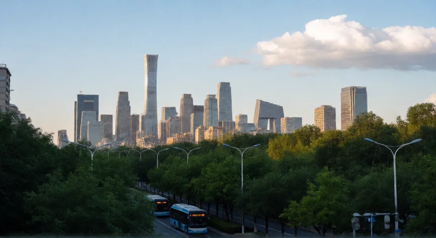 que hicieron los chinos para descontaminar su capital, Beijing con cielo despejado y bosque urbano en primer plano, sin smog