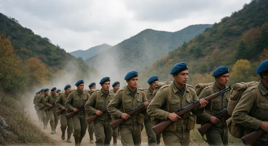 Soldados colombianos de la Fuerza Azul marchando por terreno montañoso coreano en 1950