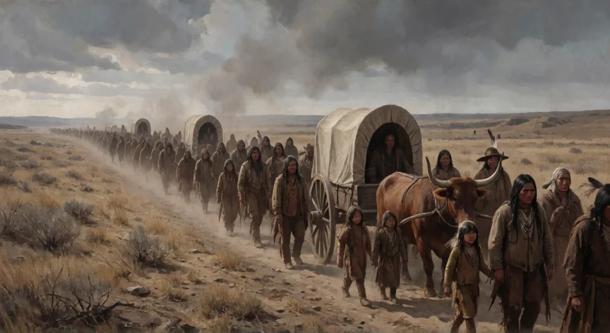 que hicieron los colonos ingleses con los nativos americanos, Recreación de la Trail of Tears, desplazamiento forzado de nativos en las llanuras americanas, siglo XIX