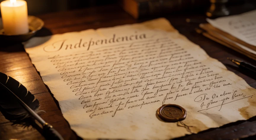 qué hicieron los congresales el 9 de julio de 1816, Documento histórico de la Declaración de Independencia de 1816 sobre un escritorio de madera