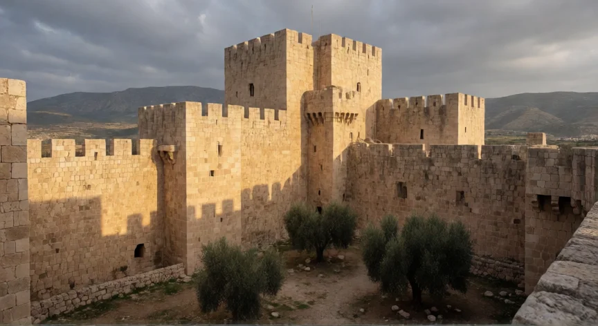 que hicieron los cruzados en tierra santa, Fortaleza cruzada de Krak des Chevaliers en el valle de Bekaa, Siria, ejemplo de arquitectura militar medieval
