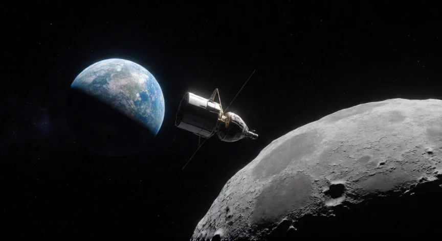 que hicieron los de artemis 2, Módulo Orion de la NASA en trayectoria orbital alrededor de la Luna con la Tierra al fondo