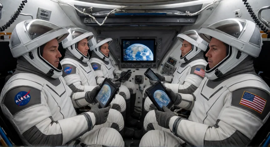 que hicieron los de artemis 2, Tripulación de Artemis 2 dentro de la cabina del módulo Orion durante la misión lunar