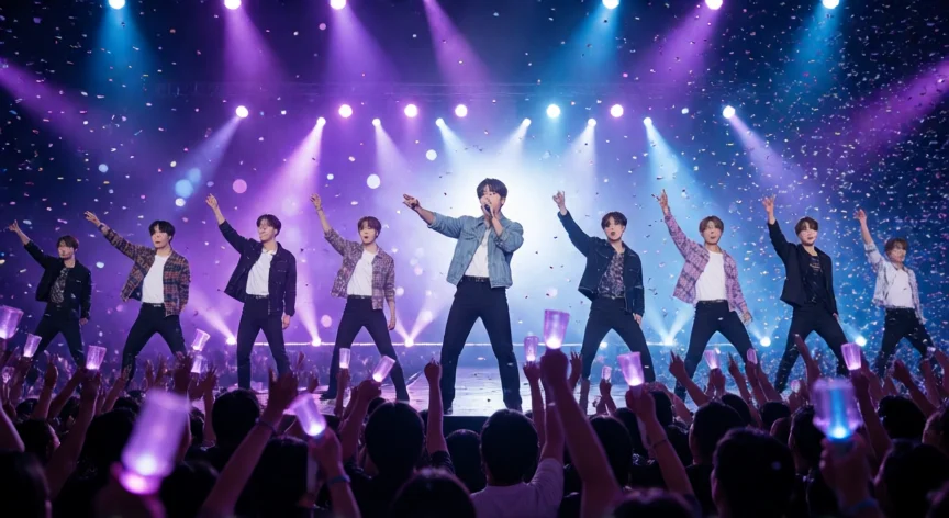 Concierto de BTS en estadio con luces de colores y multitud de fans
