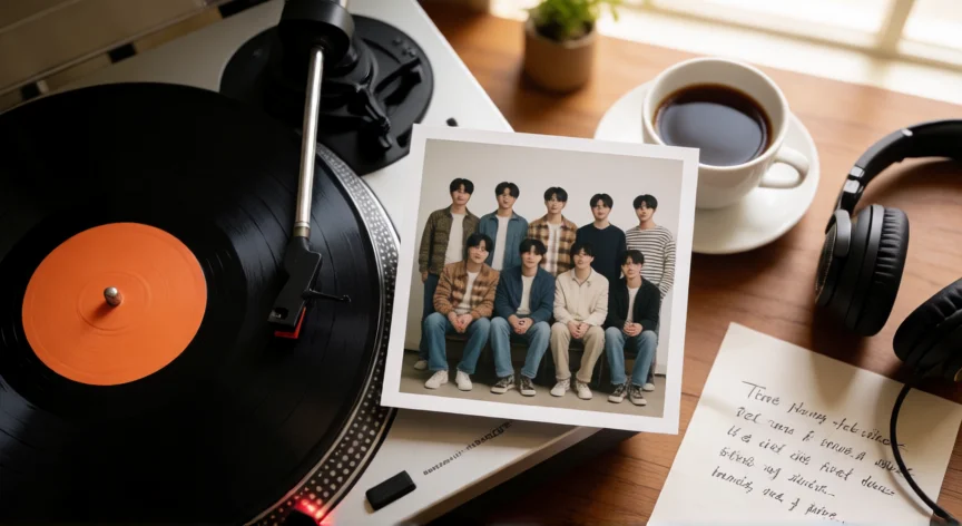 que hicieron los de bts, Vinilo de BTS en una mesa de estudio con auriculares y café