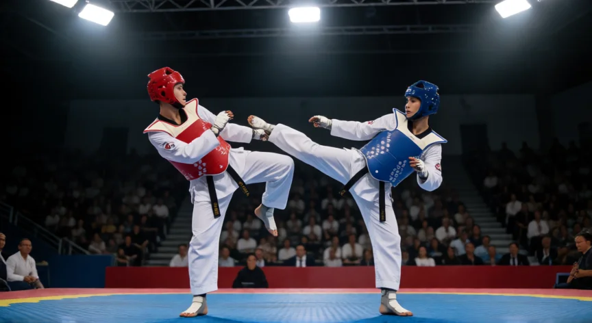 que hicieron los de taekwondo, Atletas de taekwondo compitiendo en una arena olímpica con protectores rojo y azul