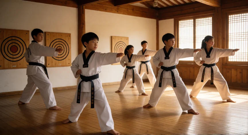 que hicieron los de taekwondo, Grupo de practicantes de taekwondo realizando formas en un dojang tradicional