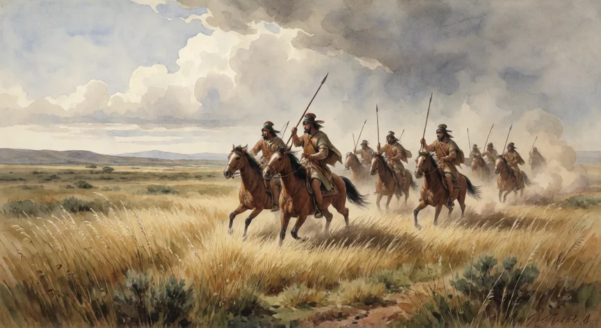 qué hicieron los diaguitas para resistir a los españoles, Guerreros diaguitas a caballo en la Pampa argentina, estilo ilustración histórica del siglo XVII
