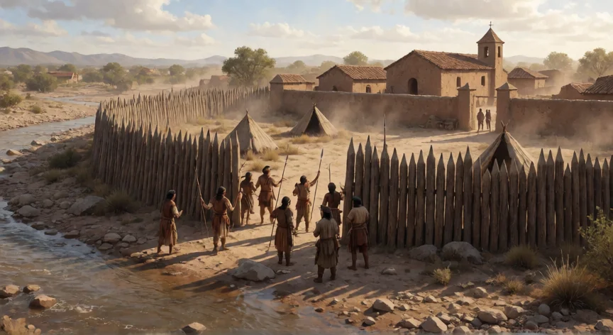 qué hicieron los diaguitas para resistir a los españoles, Campamento fortificado diaguita con palizada de madera frente a un asentamiento español colonial