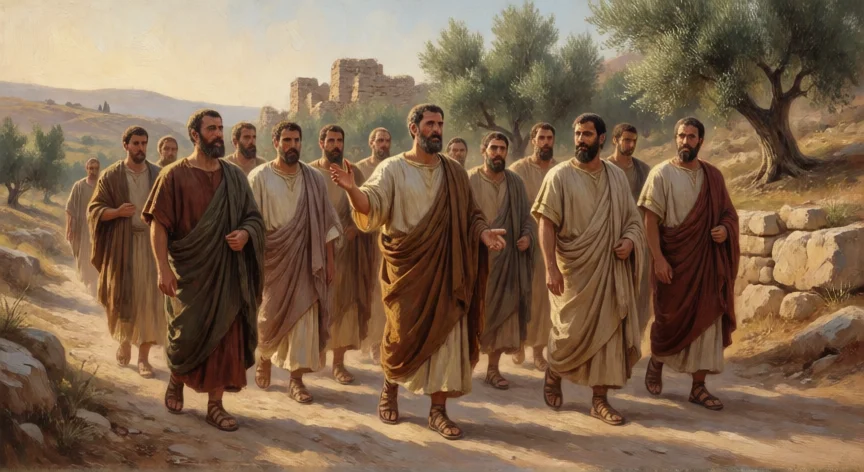 que hicieron los discipulos de jesus, Los doce apóstoles caminando por un camino de Oriente Próximo en época romana
