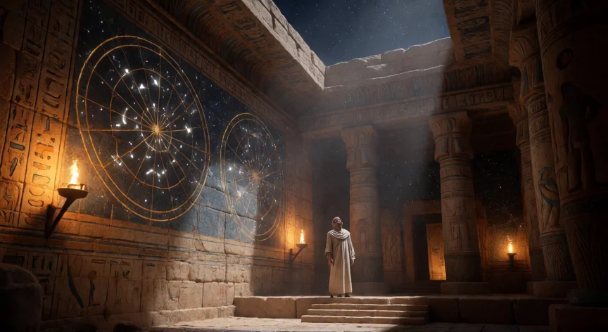 Interior de templo egipcio con mapas estelarios y sacerdote observando la estrella Sirio