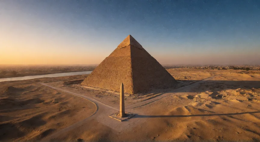 qué hicieron los egipcios para conocer el universo, Vista aérea de la Gran Pirámide de Guiza al atardecer con obelisco como gnomón y primeras estrellas