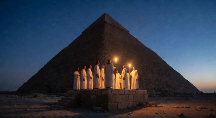 Sacerdotes egipcios observando el amanecer de Sirio junto a la Gran Pirámide de Giza al atardecer