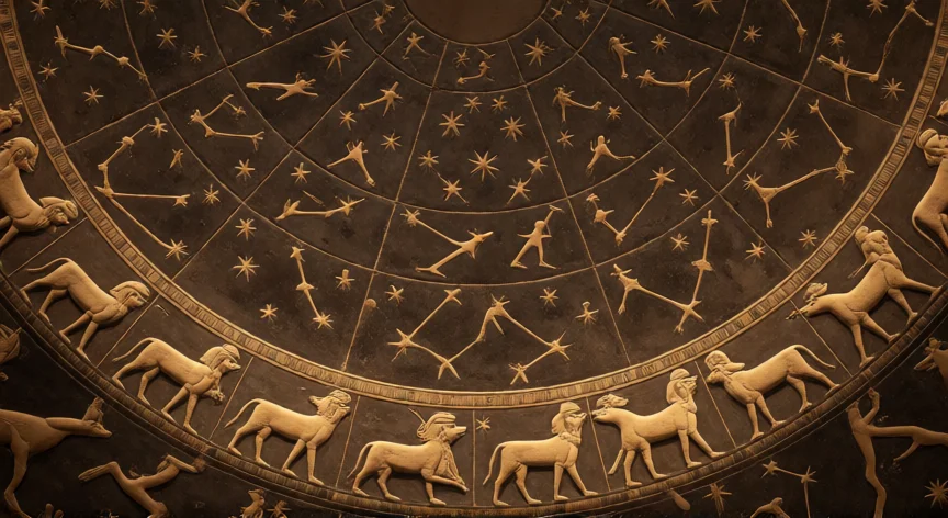 que hicieron los egipcios para conocer los cuerpos celestes, Techos estelares egipcios con decanos y constelaciones tallados en piedra de Dendera