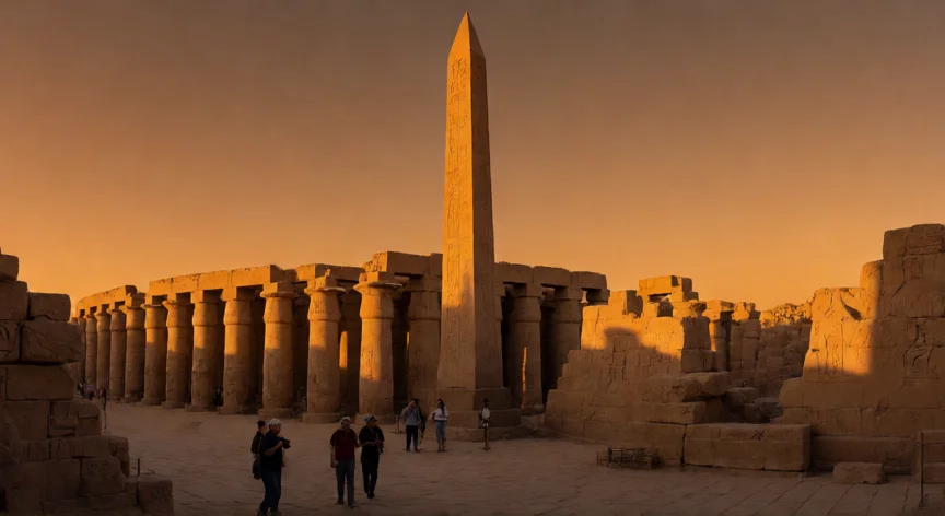 Obelisco solsticio en el Templo de Karnak, Egipto, con su sombra proyectada sobre las columnas durante la hora dorada