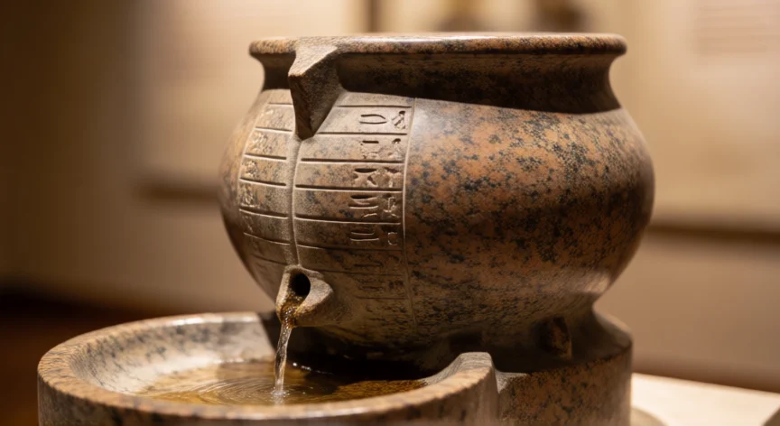 que hicieron los egipcios para entender el tiempo, Clepsidra egipcia de granito con marcas de graduación horaria, expuesta en museo con iluminación suave