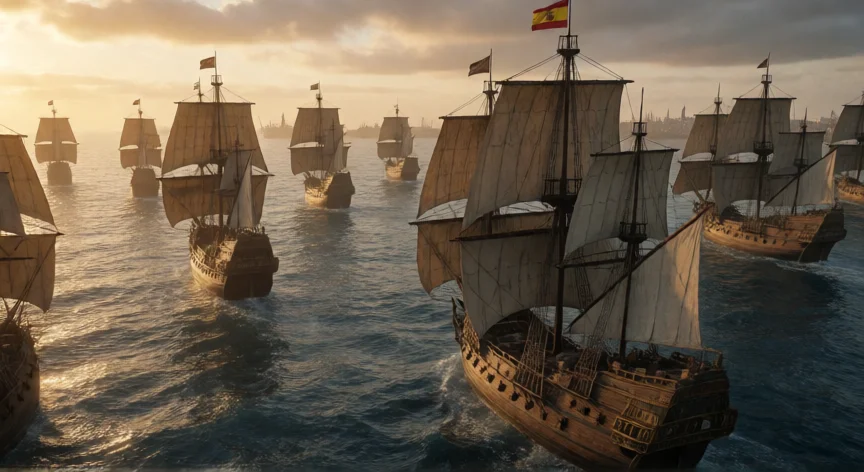 que hicieron los españoles con el oro de america, Flota de galeones españoles cruzando el Atlántico rumbo a Sevilla con el tesoro americano