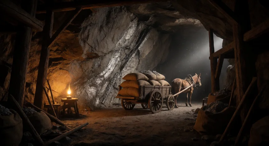 que hicieron los españoles con el oro de america, Interior de las minas de Potosí con sacos de mineral de plata y herramientas de extracción