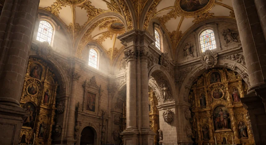 que hicieron los españoles en america, Interior de catedral colonial española con decoraciones barrocas en oro