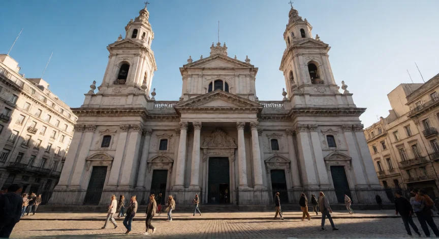 que hicieron los españoles en argentina, Fachada de catedral española virreinal en plaza argentina con adoquines y cielo despejado
