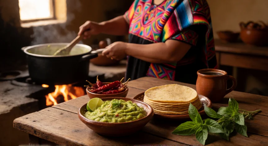 que hicieron los españoles en latinoamerica, Mesa con platos típicos de la cocina mestiza latinoamericana en una cocina tradicional