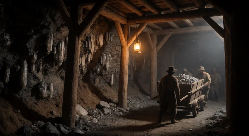 que hicieron los españoles en mexico, Interior de una mina de plata colonial en Zacatecas con vigas de madera y mineral de galena