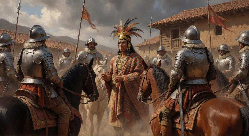 que hicieron los españoles en peru, Captura de Atahualpa en Cajamarca 1533, conquistadores españoles a caballo y emperador inca