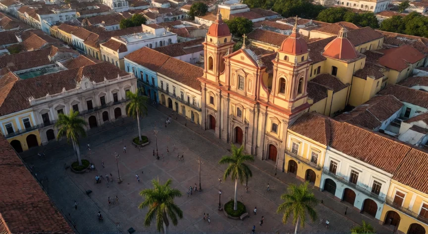 que hicieron los españoles en venezuela, Centro histórico colonial de Caracas con la Catedral y el Cabildo en la Plaza Bolivar