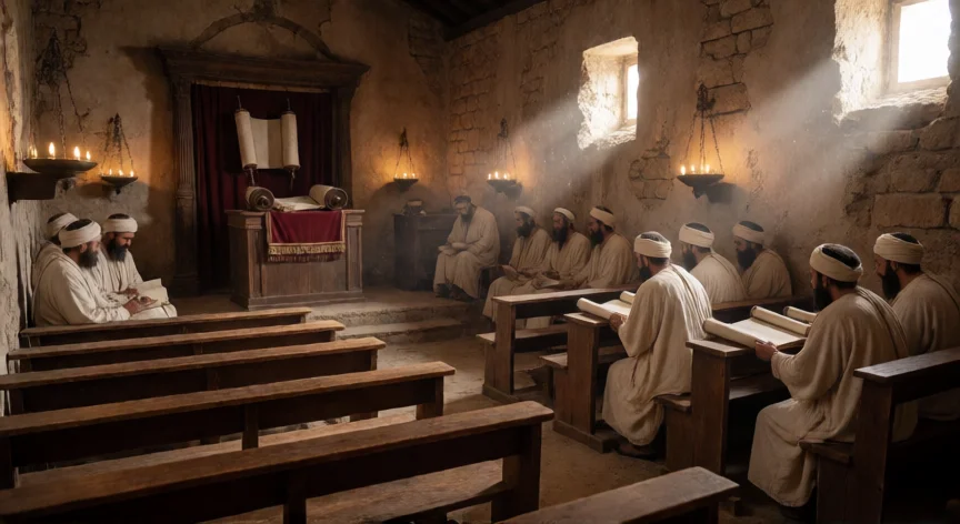 que hicieron los fariseos, Reconstrucción histórica del interior de una sinagoga judía del siglo I donde los fariseos estudiaban la Torá