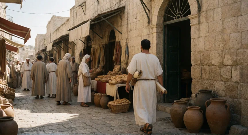 que hicieron los fariseos, Escena cotidiana en Jerusalén del siglo I con un fariseo portando un rollo de la Torá por las calles