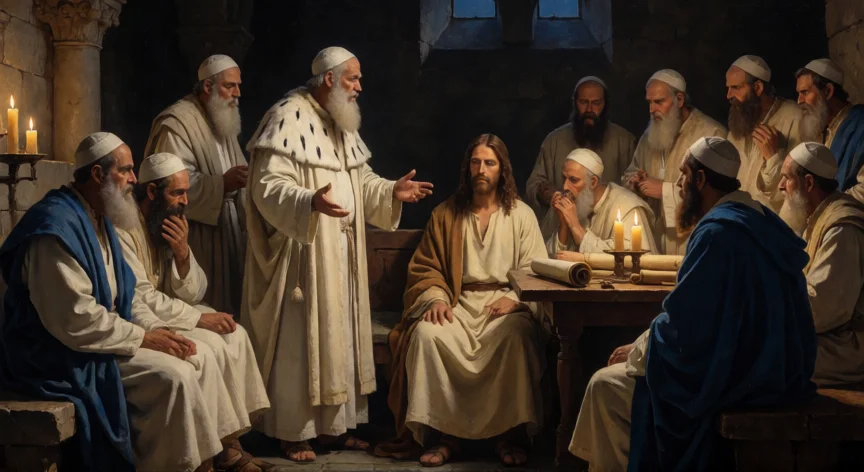 que hicieron los fariseos con jesus, Los fariseos y el Sanedrín enjuician a Jesús en un sala de piedra iluminada por velas