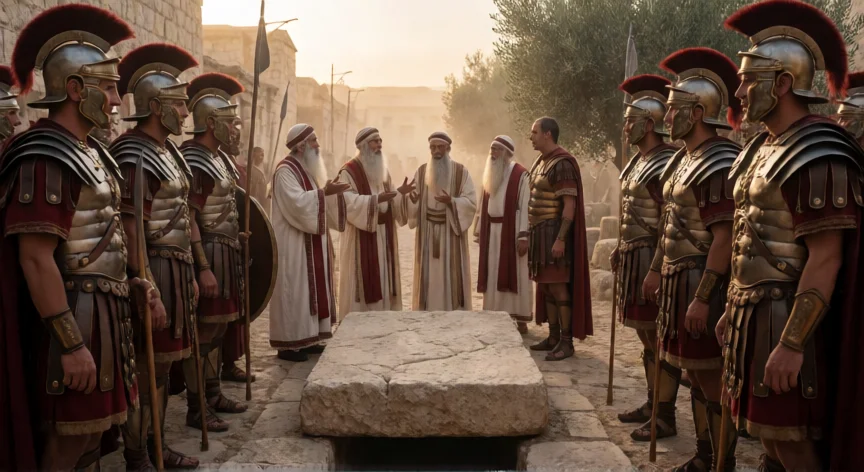 que hicieron los fariseos con jesus, Fariseos piden a soldados romanos sellar el sepulcro de Jesús al amanecer en Jerusalén