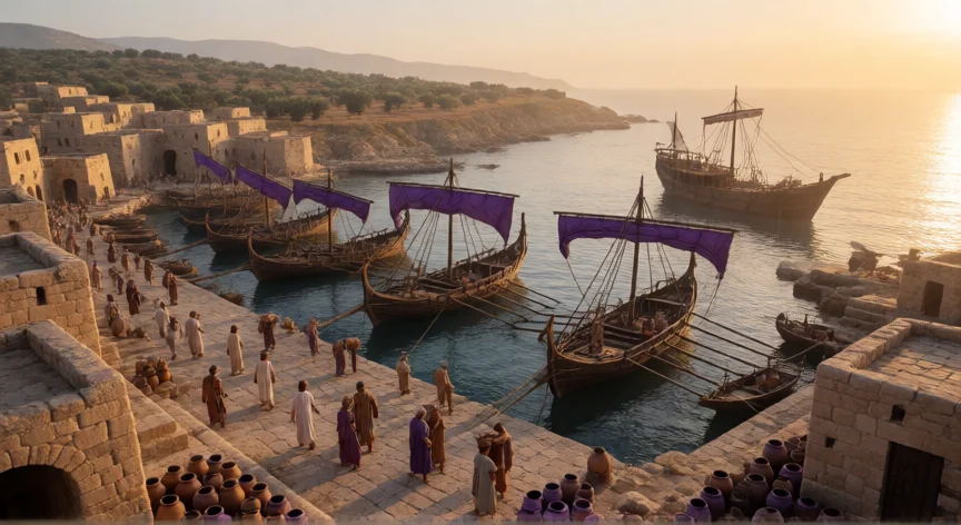 que hicieron los fenicios, Puerto fenicio con barcos de madera y comerciantes cargando ánforas al atardecer