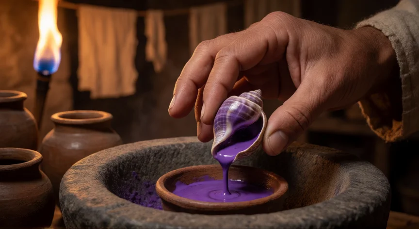 que hicieron los fenicios, Manos machacando caracoles murex para obtener tinte púrpura fenicio en un taller antiguo