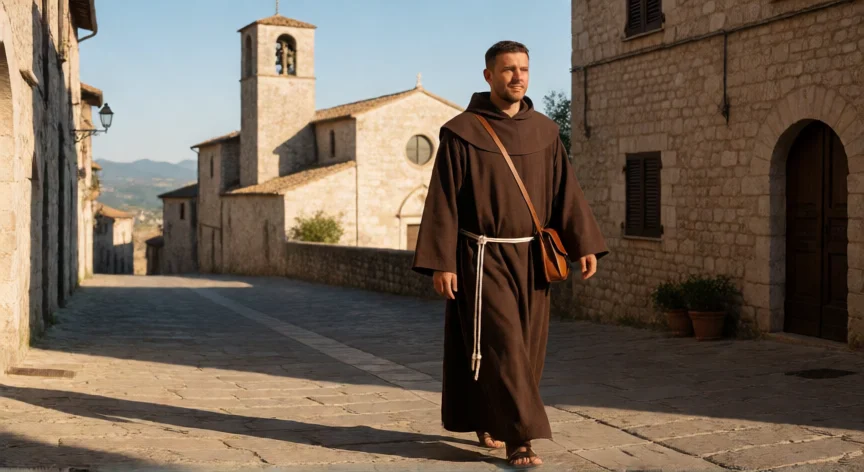 que hicieron los franciscanos, Fraile franciscano caminando por una calle empedrada de Asís con su hábito marrón y descalzo