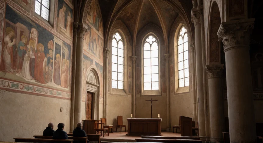que hicieron los franciscanos, Interior de una iglesia franciscana con frescos al estilo de Giotto y luz natural por los ventanales góticos