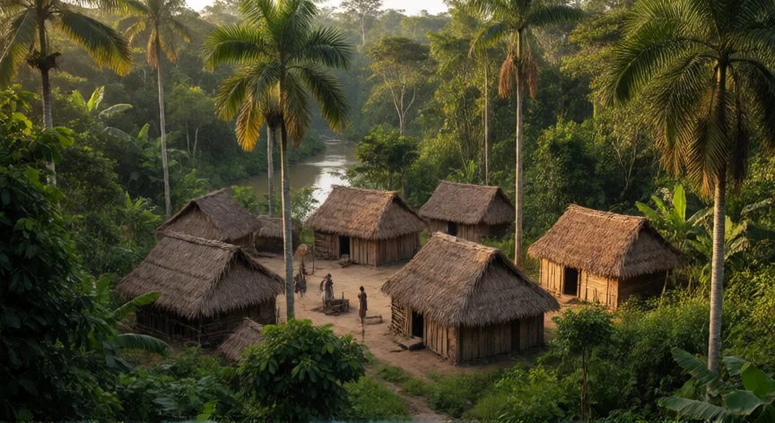 que hicieron los gabaonitas para protegerse, Aldea tradicional gabaonita rodeada de densa selva ecuatorial en Gabón