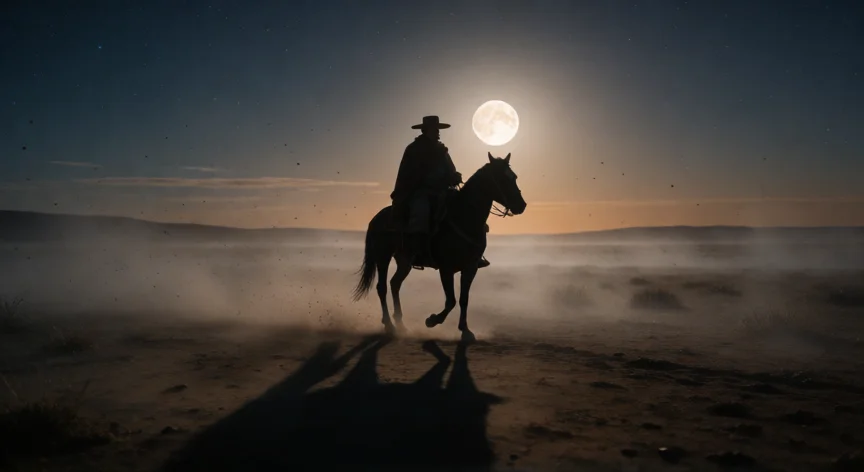 que hicieron los gauchos infernales, Gaucho solitario a caballo en la pampa bajo la luna llena, atmósfera sobrenatural
