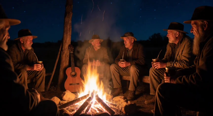 que hicieron los gauchos infernales, Hombres contando leyendas alrededor de una fogata en el campo argentino de noche