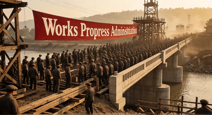 qué hicieron los gobiernos para conseguir el favor del pueblo, Obreros construyendo un puente en una obra pública del WPA en los años 30