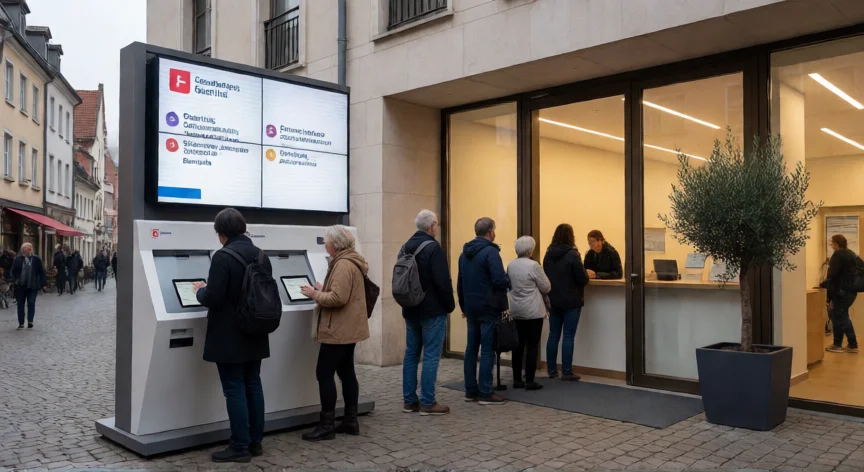 qué hicieron los gobiernos para conseguir el favor del pueblo, Ciudadanos accediendo a servicios públicos digitales en una plaza de ayuntamiento