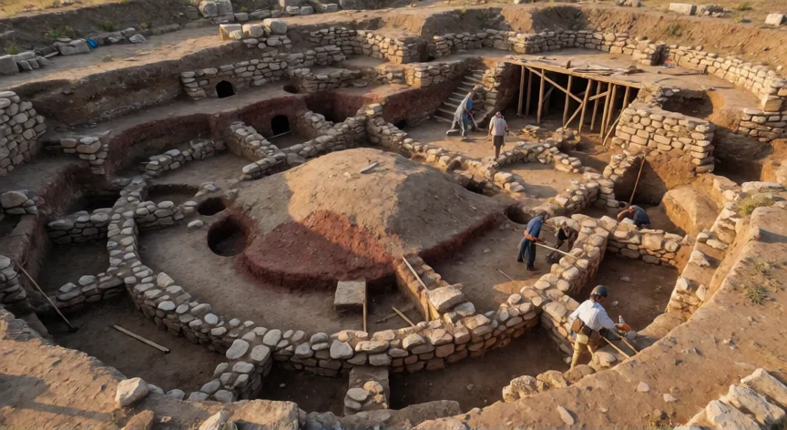 que hicieron los griegos en troya, Yacimiento arqueológico de Hisarlik (Troya) con sus múltiples capas de destrucción expuestas en excavación