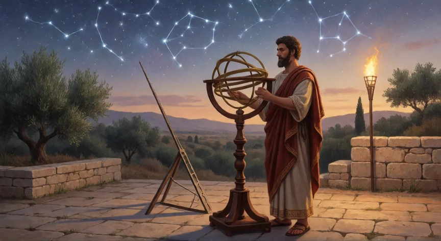 Astrónomo griego antiguo con esfera armilar observando el cielo estrellado al atardecer en Atenas.