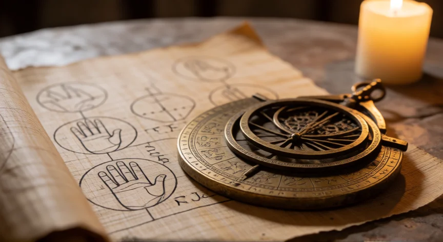 que hicieron los griegos para conocer los cuerpos celestes, Astrólabo griego de bronce sobre un pergamino con diagramas geométricos y letras griegas.