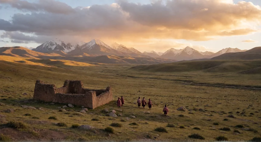 qué hicieron los hermanos katari, Paisaje del altiplano surandino con ruinas de fortificación aimara