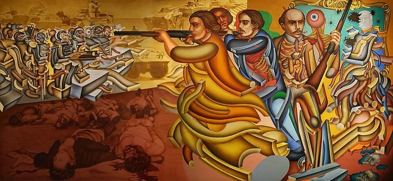 Pintura mural «Los hermanos Serdán. La lucha continúa» (1977), de Arnold Belkin: los hermanos disparan y avanzan armados frente a las filas de soldados federale