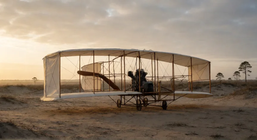 que hicieron los hermanos wright, Réplica del Wright Flyer de 1903 sobre las dunas de Kill Devil Hills al amanecer