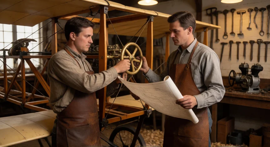 que hicieron los hermanos wright, Los hermanos Wright trabajando en el taller de Dayton, Ohio, alrededor de 1903