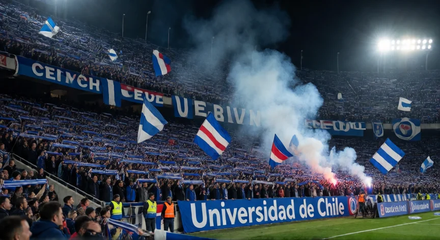 que hicieron los hinchas de u de chile, Hinchada de Universidad de Chile en el Estadio Monumental con banderas y bufandas azules