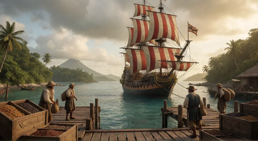 que hicieron los holandeses en indonesia, Barco de la Compañía Neerlandesa de las Indias en un puerto de especias del siglo XVII
